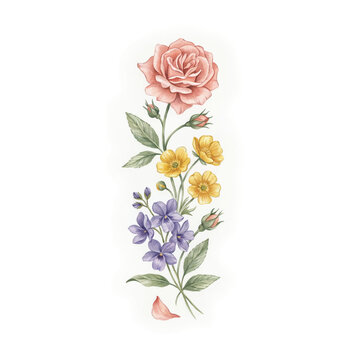Watercolor flower arrangement with pink rose and yellow violet blossoms watercolor botanical illustration painting decoration isolated beautiful