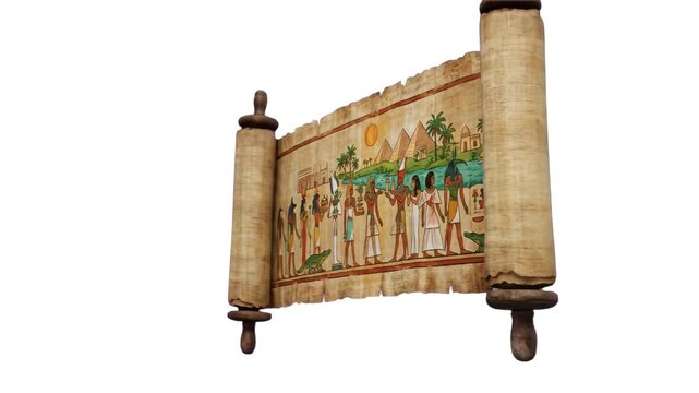 An ancient unrolled papyrus scroll featuring traditional Egyptian artwork, hieroglyphs, and figures, isolated on a clean white background. Excellent for historical documentaries, archaeology education