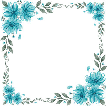 Watercolor teal blue floral square frame border design with leaves and petals watercolor botanical decorative invitation ornament illustration background