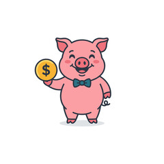 Fototapeta premium Pink Pig in Bow Tie Holding a Coin