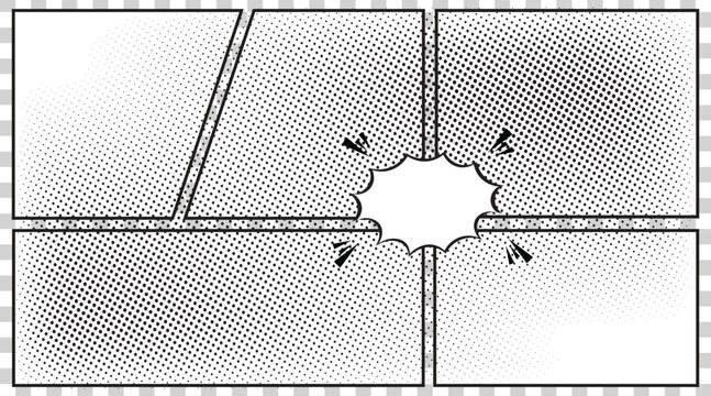 Comic book multi panel layout with blank speech bubble explosion and halftone dot background texture. Vintage pop art manga storyboard frame vector illustration graphic design asset.