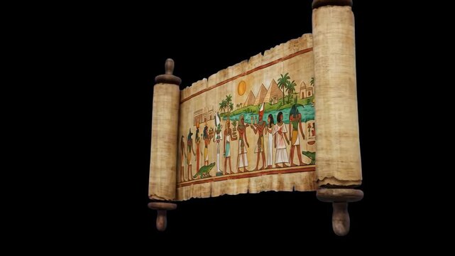 Unrolled ancient papyrus scroll featuring Egyptian wall art and hieroglyphs, isolated against a solid dark black background. Ideal for dramatic historical reveals, museum exhibits, high-contrast video