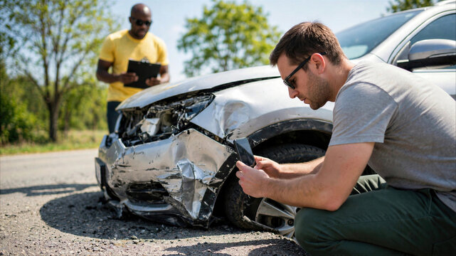 Man Taking Photo of Damaged Silver Car After Road Accident for Insurance Claim While Investigator Records Details