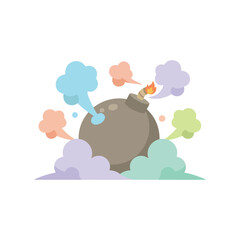 Obraz premium Pastel cartoon bomb illustration. Flat design explosive with multicolored smoke clouds for game UI, stickers, and creative icons.