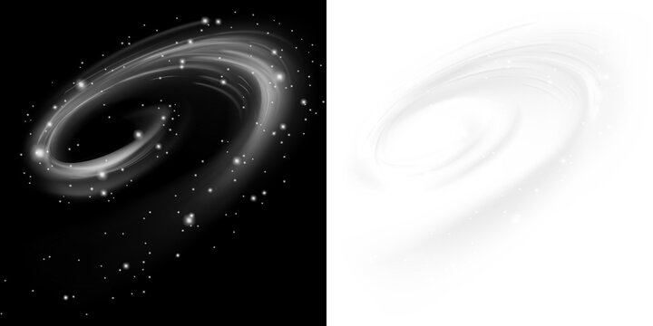 Spiral galaxy cosmic swirl  set. White star-dust vortex on black and soft gray swirl on white, with stars, nebula glow and abstract motion for space backgrounds and sci-fi design