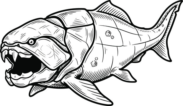 Dunkleosteus prehistoric fish line art illustration featuring armored plates sharp teeth isolated white background vector graphic