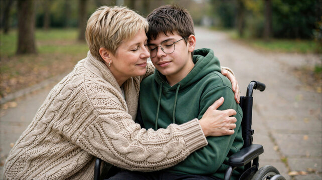 Loving mother embracing her teenage son in a wheelchair at an outdoor park, symbolizing family support and inclusion.