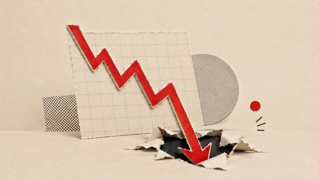 Falling red financial arrow and collapsing chart showing stock market decline, investment loss and economic downturn