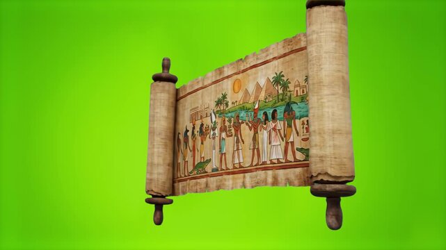 An antique unrolled papyrus scroll with detailed ancient Egyptian hieroglyphic frescos and murals, isolated against a bright green screen background. Perfect for archaeological documentaries, Egyptolo