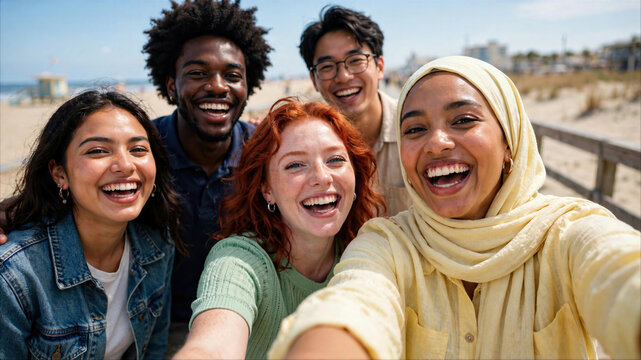 Diverse group of young multiracial friends laughing and taking a selfie together on a sunny beach boardwalk, showcasing genuine inclusion and summer lifestyle.