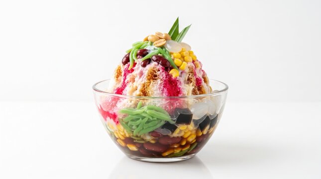 Ais Kacang shaved ice dessert with colorful toppings in a glass bowl