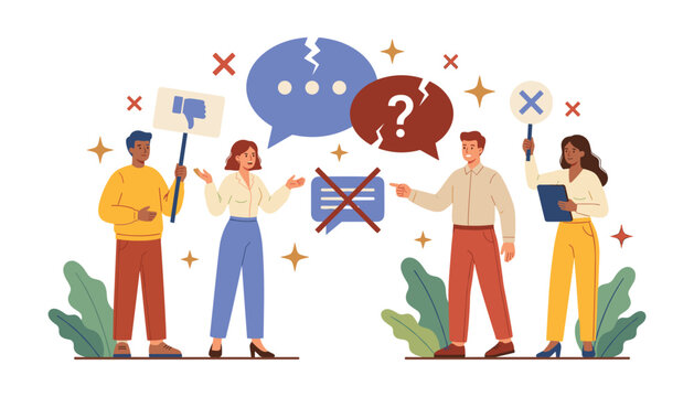People arguing with speech bubbles cancel culture miscommunication disagreement and protest symbols vector concept illustration