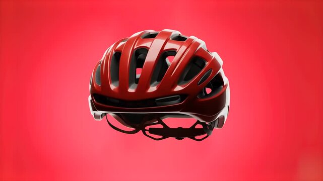 Dynamic shot of a sleek red bicycle helmet set against a matching red gradient background. Perfect for high-energy sports marketing, cycling product ads, extreme biking promos, protective gear promoti