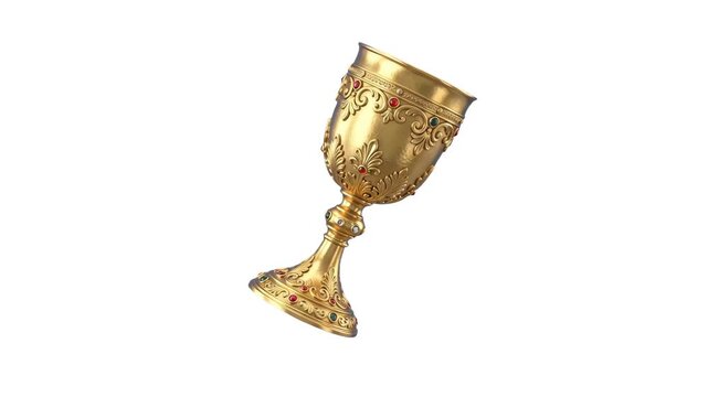A detailed ornate golden goblet adorned with red jewels, isolated on a clean white background. Perfect for museum display graphics, fantasy RPG assets, historical presentation media, and luxury design
