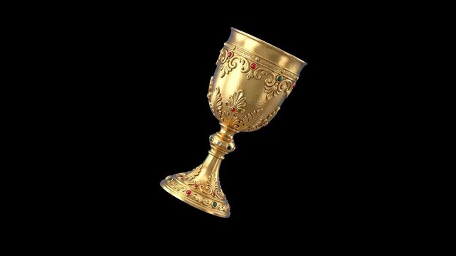 A luxurious 3D golden goblet with gemstone embellishments floating against a solid black backdrop. Perfect for dramatic cinematic overlays, fantasy concept art, and luxury brand visuals.