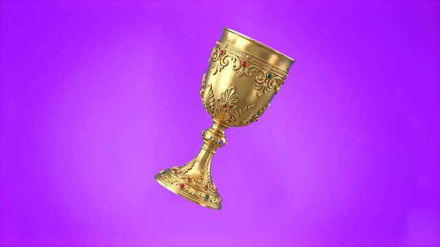 An ornate golden goblet decorated with red gemstones, isolated against a vibrant purple studio backdrop. Ideal for fantasy game UI, medieval promos, royal luxury concepts, and historical video assets.