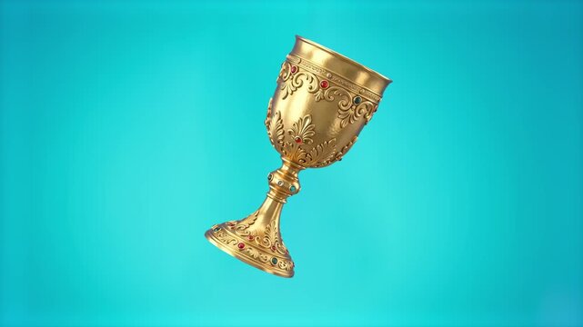 Luxurious gold medieval chalice with ornate patterns and red jewels, isolated against a bright cyan blue background. Great for fantasy storytelling, gaming intros, royal theme promos, high-end graphic