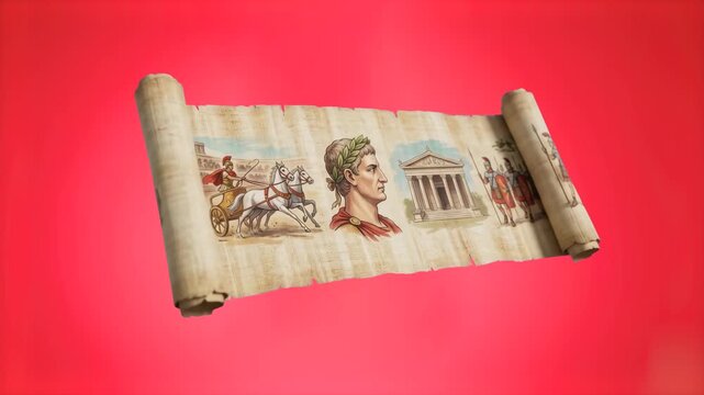 A detailed 3D render of an unrolled ancient Roman parchment scroll depicting emperor frescoes and temples, set against a vibrant studio red backdrop. Perfect for classical history guides, educational 