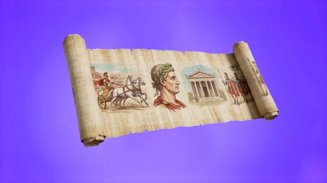 A detailed 3D model of an unrolled papyrus scroll depicting Roman icons and scenes, set against a smooth purple gradient background. Great for creative media and historical content.