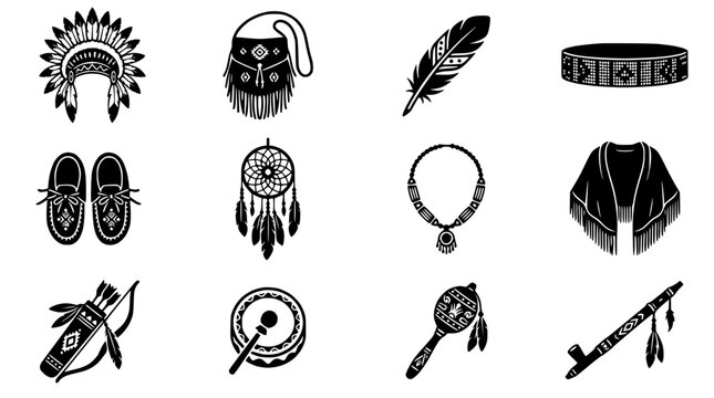 Native American Indian Cultural Icons Collection: Headdress, Feather, Dreamcatcher, Bow Arrow