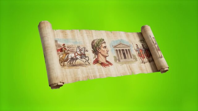A detailed 3D render of an unrolled antique papyrus scroll displaying classical Roman art motifs, set against a solid lime green background for easy keying. Great for ancient history intros, education