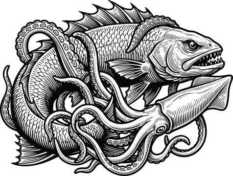 Monochrome ink illustration depicting aggressive predatory fish entangled with large squid tentacles featuring detailed maritime engraving style