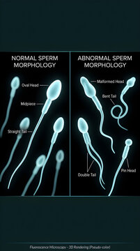 Normal vs abnormal sperm morphology chart. Medical diagram of human male reproductive cells.