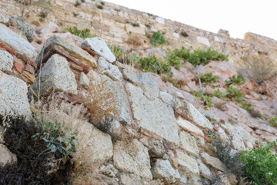 Close-up of an ancient stone wall with irregular stones, bricks, and small plants growing in crevices under daylight at the Acropolis in Athens, Greece.