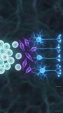 Stem cell differentiation into neurons. Neural development process in microscopic view.