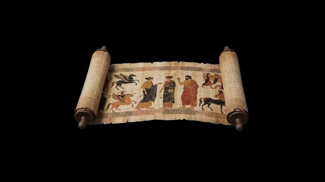 Historic papyrus scroll with ancient illustrations and figures, isolated against a solid dark black background. Ideal for dramatic history teasers, dark fantasy reveals, museum exhibits, high-contrast
