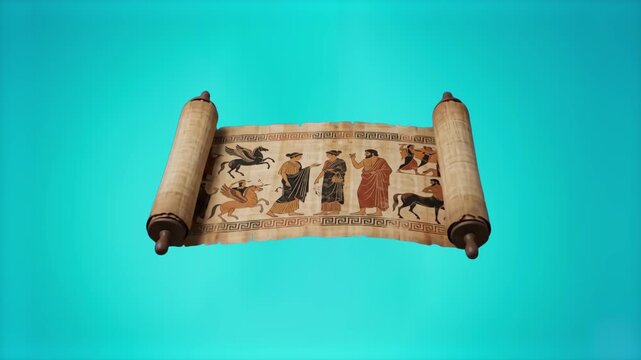 An ancient unrolled papyrus scroll featuring classic Greek mythology illustrations and figures against a vibrant cyan background. Great for history lessons, mythology documentaries, and cultural video