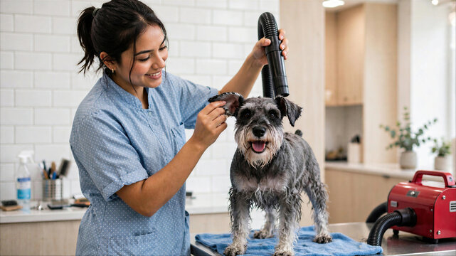 Professional female groomer drying a miniature schnauzer dog with a blow dryer in a modern pet salon.
