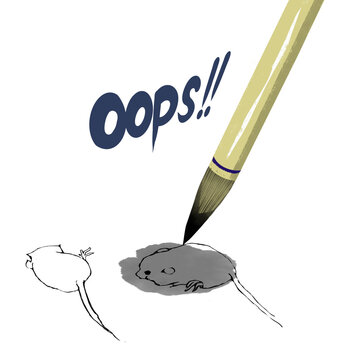 筆から垂れた墨でねずみのイラストを滲ませてしまい「oops!!」と慌てるコミカルで可愛い失敗ハプニングのイラスト背景