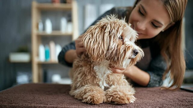 Cute fluffy dog being groomed by a smiling person in a professional salon setting