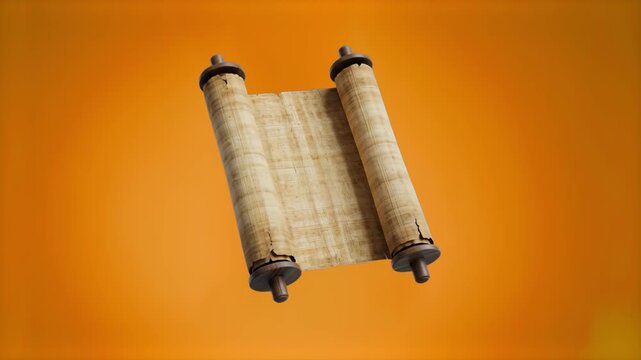 A 3D render of an antique papyrus scroll floating against an orange studio background. Ideal for historical documentaries, educational content, and museum displays.