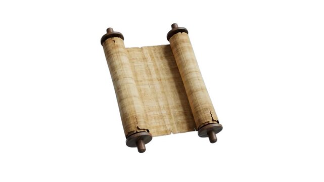 A detailed 3D ancient papyrus scroll with wooden rollers isolated on a clean white background. Perfect for educational media, historical design templates, and vintage manuscript overlays.