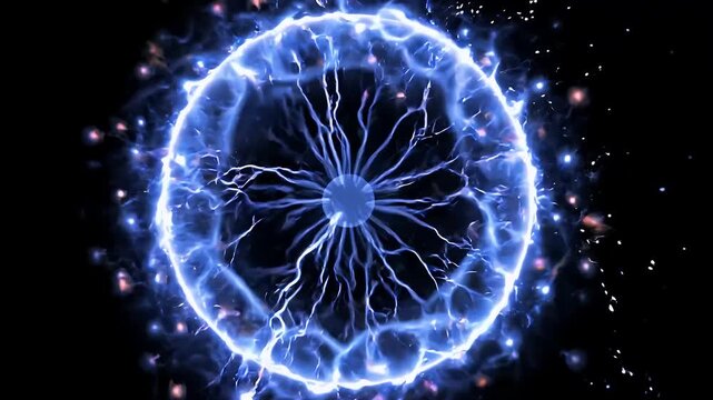 Complex blue plasma ball and electrical energy sphere with branching lightning web on dark background