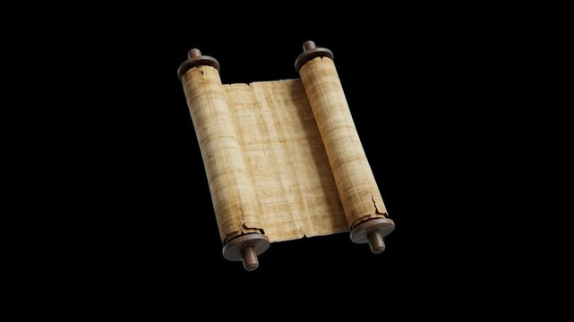 An authentic blank ancient papyrus scroll fully unrolled on wooden rods, isolated against a dark black background. Ideal for history documentaries, museum presentations, and antique text placeholders.