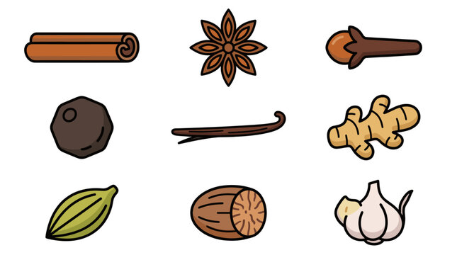 Aromatic culinary spices and herbs vector icons set.