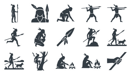 Obraz premium Native American Warrior Silhouettes: Hunting, Camping & Traditional Life Icon Set
