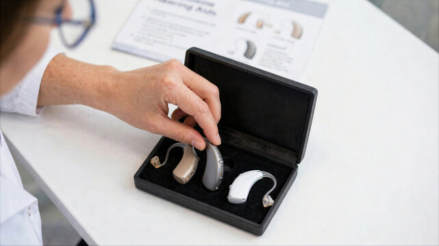 Audiologist picking up a behind-the-ear hearing aid from a storage case with various models for patient selection