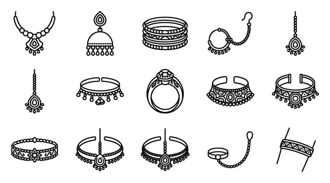 14th August Pakistan Independence Day traditional jewelry vector set, Pakistani bridal earrings necklace bangles nose ring tikka anklet line art icons for patriotic cultural heritage design
