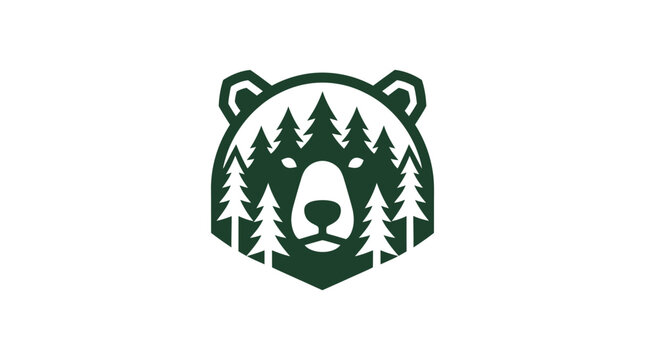 Stylized Bear Head Logo With Forest Trees Design On White Background