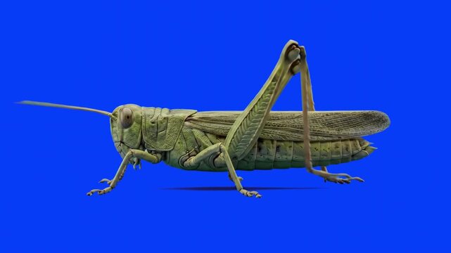 A detailed 3D model of a green grasshopper or locust standing in place and grooming its legs, isolated against a bright blue chroma key backdrop. Suitable for pest control ads, agricultural videos, bi