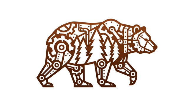 Steampunk Mechanical Bear With Forest Elements Illustration on White Background
