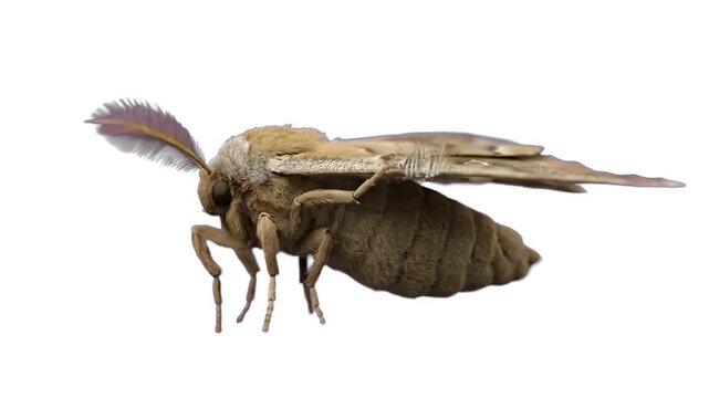A macro 3D animation of a brown moth standing motionless with folded wings on a clean white background. Perfect for entomology lessons, biological media, and nature-themed commercial projects.