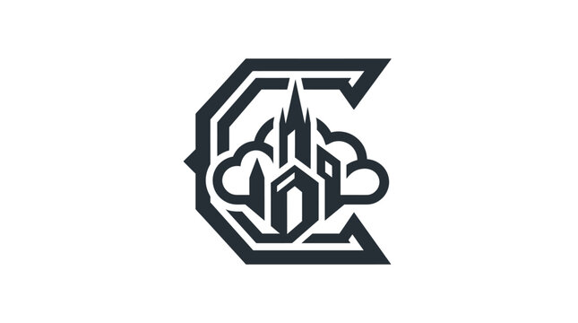 Stylized C Letter Logo with Gothic Building and Clouds on White Background