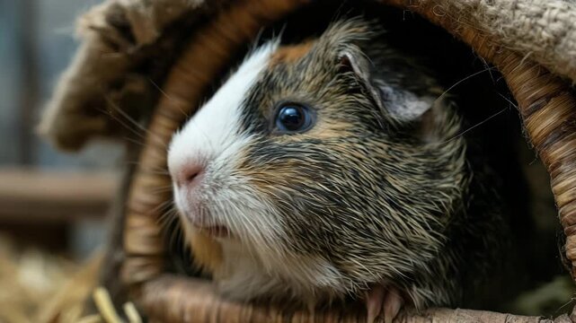 Close-up portrait of a cute tri-color guinea pig peeking out of its woven hideaway