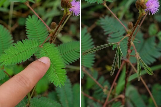 Mimosa pudica leaves curling after touch, natural reaction close-up.