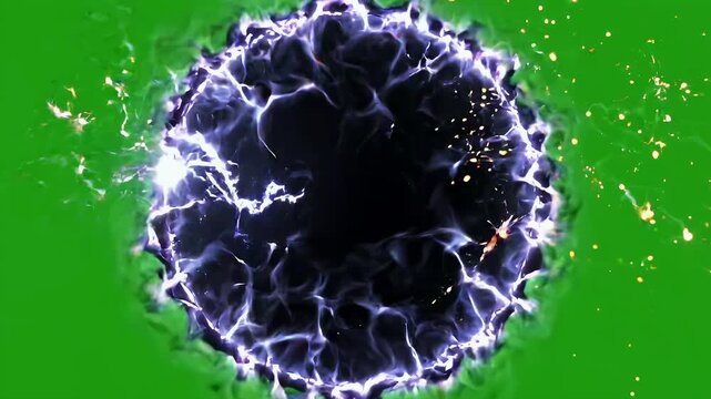 Electric Blue and Purple Energy Ring Vortex with Bright Lightning Flash on Green Screen
